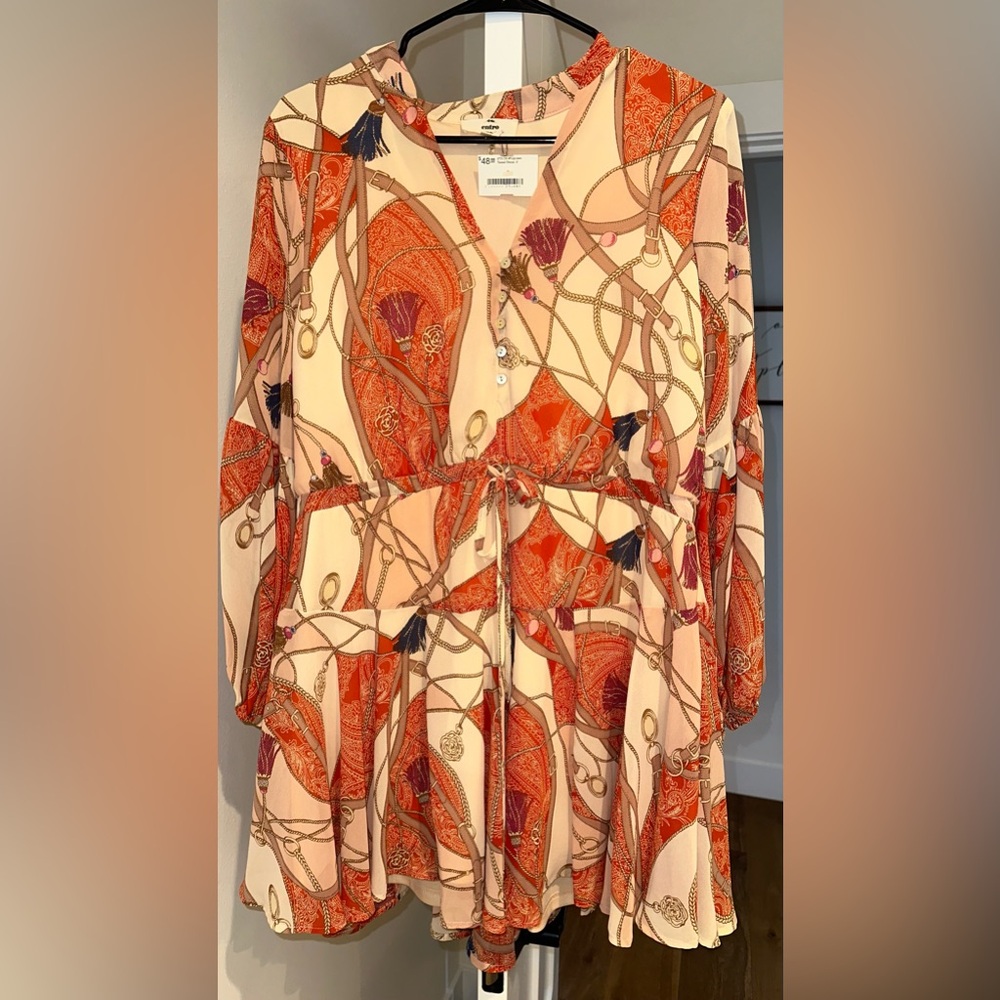 Entro Vibrant Orange and Cream Long Sleeve Dress